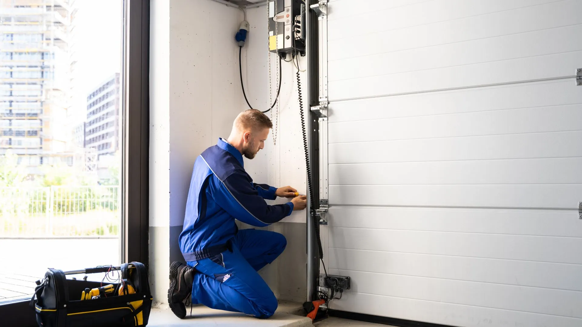 Technician repairing a garage door